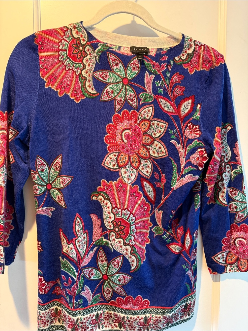 Talbots Royal Blue Floral Pure Merino Wool Sweater